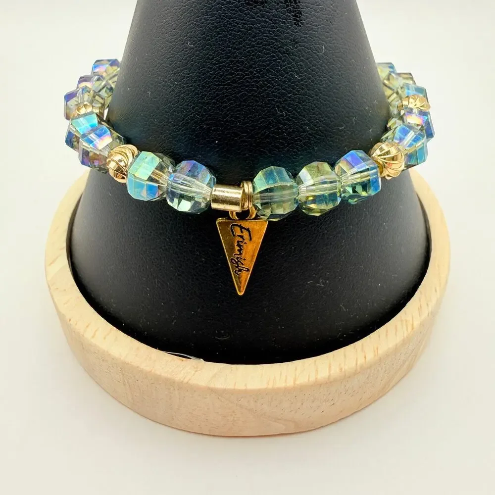 Erimish Blue Aurora Borealis Crystal Beaded Stacking Bracelet Stretch Gold Tone